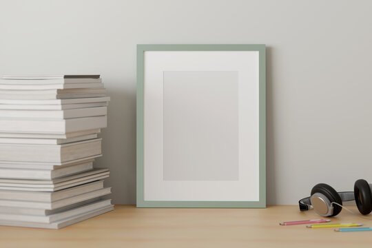 Blank picture frame mock up on the table with a book in white living room design. 3d rendering.