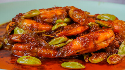 Chilli shrimps with stinky bean or bitter bean. Close up 45 degree.