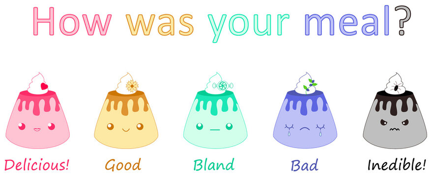 Pudding feedback scale template on white background. Pudding emoticon set. Restaurant experience. Consumer review. Pudding icons. Rank, level, satisfaction. Cute food. Feelings-emotions. Chef rating.