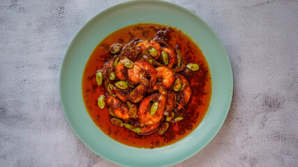 Chilli shrimps with stinky bean or bitter bean. Top view shot.