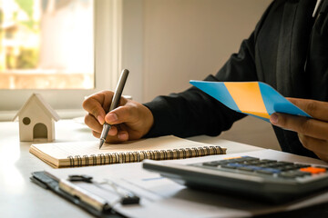 Businessman using a pen to write financial reports Preparation of financial statements and...