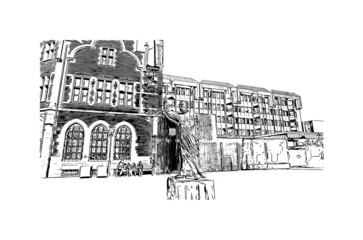 Building view with landmark of Halle is a city in central Germany. Hand drawn sketch illustration in vector.