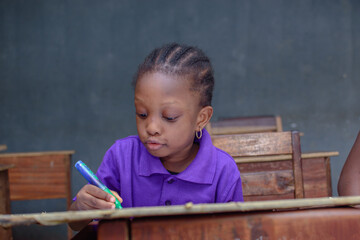 African girl child, pupil or student sitting down and writing in a classroom while studying for...