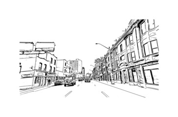 Building view with landmark of Hamilton is the capital city of Bermuda. Hand drawn sketch illustration in vector.