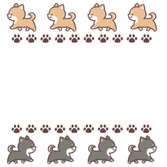 歩く柴犬と黒柴犬と足跡の上下フレーム