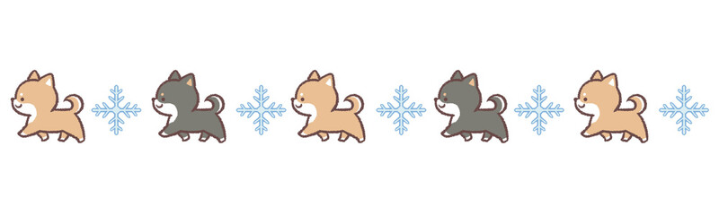 Obraz na płótnie Canvas 歩く柴犬と黒柴犬と雪の結晶のライン