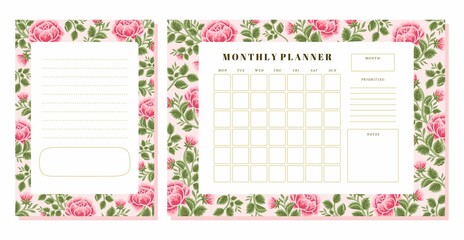 Set of printable floral monthly planner, note, memo vector template with rose, peony flowers, botanical leaf elements for school scheduler, seasonal events, reminder, bullet journal, journaling