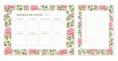Set of printable floral weekly planner, note, memo vector template with rose, peony flowers, botanical leaf elements for school scheduler, seasonal events, reminder, bullet journal, journaling