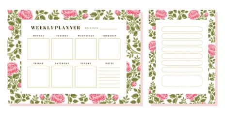 Set of printable floral weekly planner, note, memo vector template with rose, peony flowers, botanical leaf elements for school scheduler, seasonal events, reminder, bullet journal, journaling
