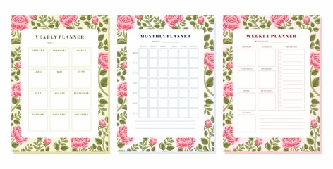 Set of printable floral yearly, monthly and weekly planner vector template with rose, peony flower, botanical leaf elements for school scheduler, seasonal events, reminder, bullet journal, journaling