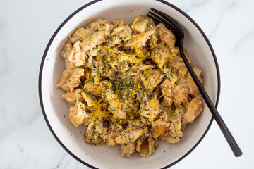 vegan creamy artichoke pasta with homemade dairy-free bechamel sauce, healthy plant-based food