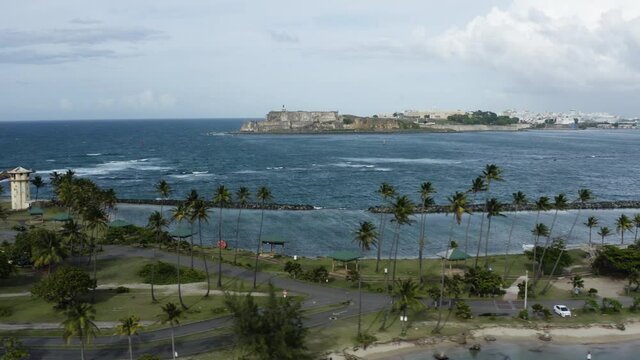 Smooth trucking shot over Isla de Cabra in Puerto Rico - Former leper colony and fortress now a recreation area.
