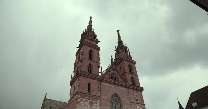 Bottom view of the bell towers of the Basler M&uuml;nster cathedral