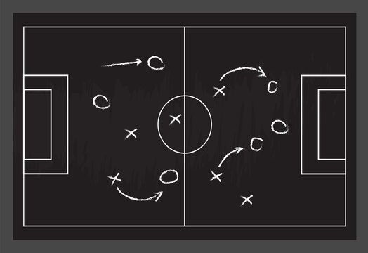 Football or soccer game strategy plan isolated on blackboard texture with chalk rubbed background. Sport infographics element