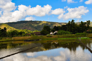 Fototapeta na wymiar lake in the mountains, sky and reflection 