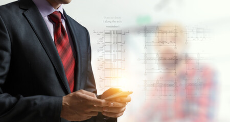 Woman housewife with mop . Mixed media