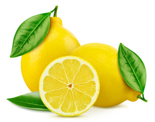 Composition with lemons isolated on white background. Lemon fruit with leaf isolate. Lemon clipping path.