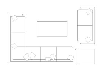 2D CAD plan drawing various sizes and designs of sofa set complete with coffee table. Drawings come in black and white. The drawing is normally drawn by an architect or interior designer. 