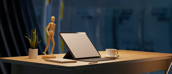 Side view, Working space with portable tablet and blurry blue room interior background