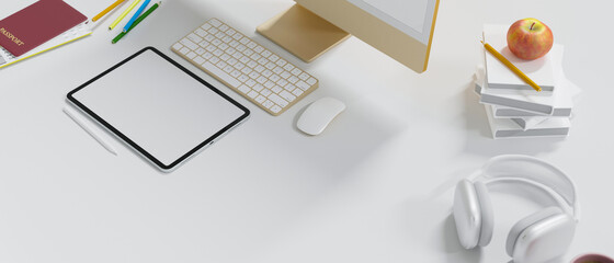 Travel blogger working desk, computer, tablet mockup, headphone, passport