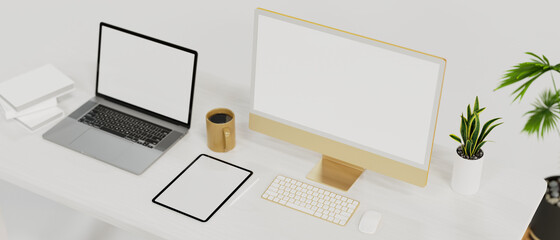 Electronic device in workspace, laptop mockup, tablet mockup, computer mockup on white table