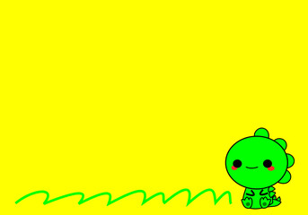 A cute green dinosaur on a yellow background, leaving some blank space for writing advertisements.