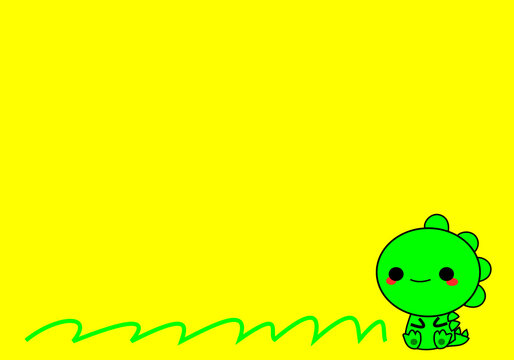 A cute green dinosaur on a yellow background, leaving some blank space for writing advertisements.