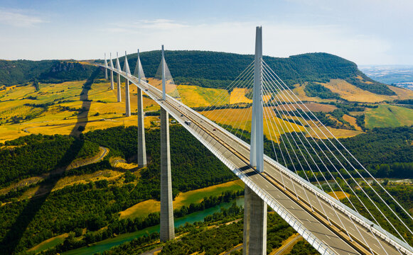 Millau, France - August 11, 2020: Millau Viaduct, cable-stayed road-bridge. Valley of the river Tarn