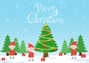 Merry Christmas Cute Cartoon Dwarf little fantasy, Santa Claus And Elves Characters. Tree or Gifts As An Additional Background Vector Illustration