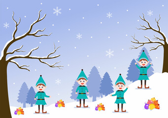 Merry Christmas Cute Cartoon Dwarf little fantasy, Santa Claus And Elves Characters. Tree or Gifts As An Additional Background Vector Illustration