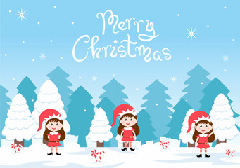 Merry Christmas Cute Cartoon Dwarf little fantasy, Santa Claus And Elves Characters. Tree or Gifts As An Additional Background Vector Illustration