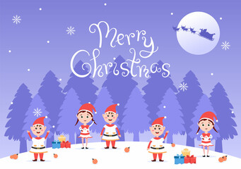 Obraz na płótnie Canvas Merry Christmas Cute Cartoon Dwarf little fantasy, Santa Claus And Elves Characters. Tree or Gifts As An Additional Background Vector Illustration