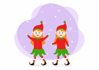 Merry Christmas Cute Cartoon Dwarf little fantasy, Santa Claus And Elves Characters. Tree or Gifts As An Additional Background Vector Illustration