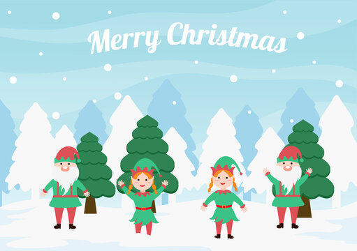 Merry Christmas Cute Cartoon Dwarf little fantasy, Santa Claus And Elves Characters. Tree or Gifts As An Additional Background Vector Illustration