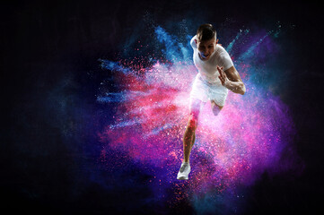 Fast running young man. Mixed media
