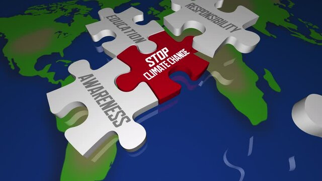 Stop Climate Change Puzzle Pieces Solve Global Warming Problem 3d Animation