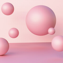 Abstract pink background. Scene with flying balls for product display. Exhibition template for showing cosmetic products. 3D render.