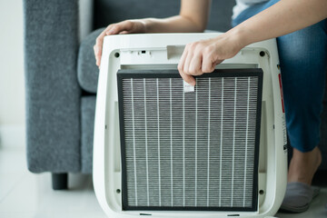 Beautiful Asian young woman holding a HEPA carbon air purifier filter in living room.