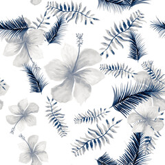 Graue nahtlose botanische. Navy-Muster Art.-Nr. Blaue tropische Palme. Kobaltfeder-Kunst. Indigo-Dekorationsblätter. Textil zeichnen. Aquarellkunst.