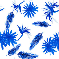 Blue Pattern Palm. Navy Seamless Art. Cobalt Tropical Nature. Indigo Flower Background. Azure Floral Hibiscus. Wallpaper Hibiscus. Decoration Hibiscus.