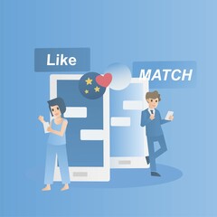Dating app online in social media,virtual love, long distance relationship,woman and man match up on a mobile phone screen,Love happen to anyone,anywhere in world,different times and places.vector