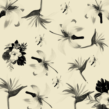 White Pattern Background. Black Tropical Leaf. Gray Floral Nature. Decoration Hibiscus. Floral Textile. Summer Design. Spring Texture. Wallpaper Leaves.