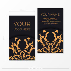 Black business card template with Indian ornament. Print-ready business card design with monogram patterns.