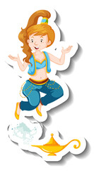 Genie lady coming out of magic lamp cartoon character sticker