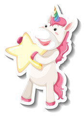 Cute unicorn holding star on white background