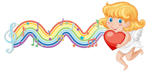 Cupid girl holding heart with melody symbols on rainbow wave