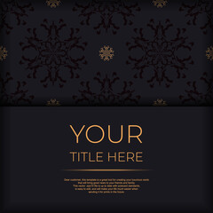 Stylish Black color postcard template with Indian ornament. Print-ready invitation design with mandala patterns.