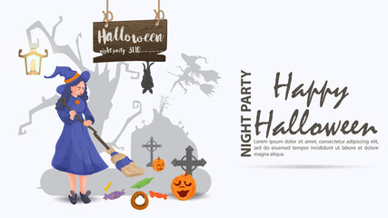 a witch sweeps sweets with a broom for the Halloween holiday flat vector illustration background is isolated