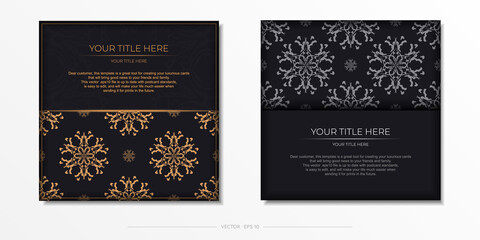 Fototapeta na wymiar Set of Vector Cooking postcards in black color with Indian patterns. Template for print design invitation card with mandala ornament.