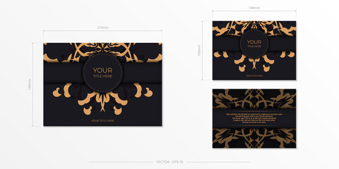 Set of Black color postcard template with Indian patterns. Vector Print-ready invitation design with mandala ornament.